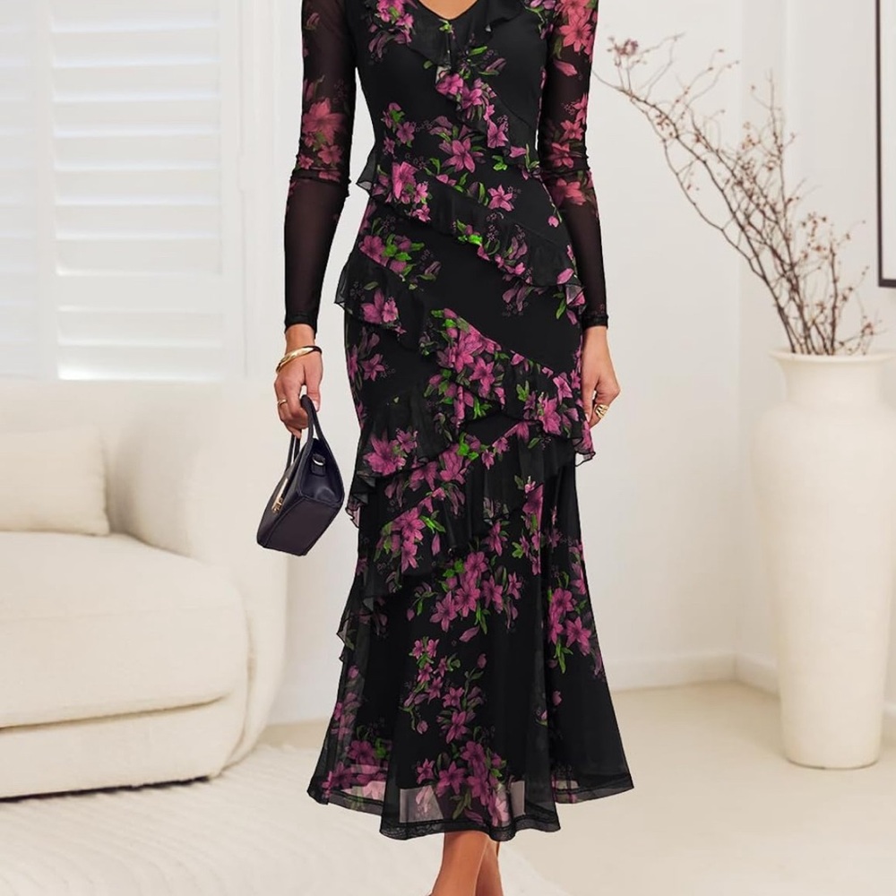 Chic Black and Purple Floral Long Sleeve Dress
